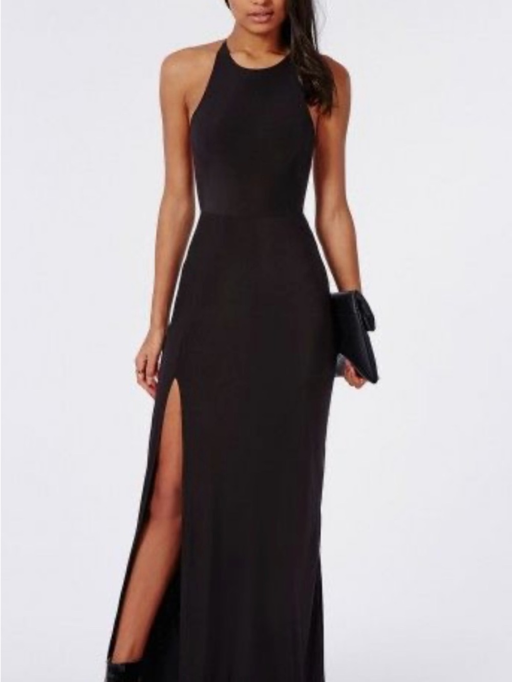 Missguided Black Halter Maxi Dress with Thigh Slit